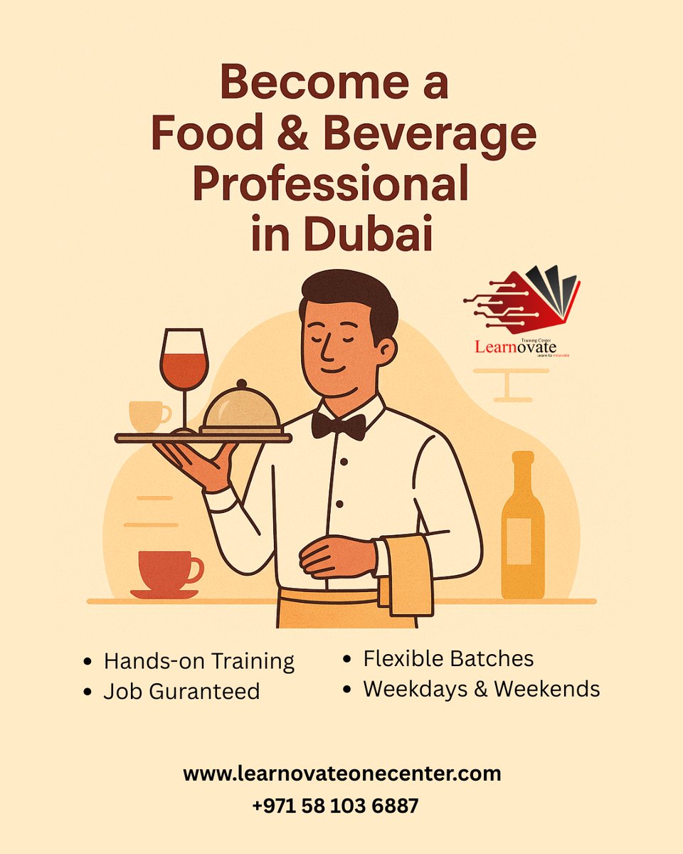 Learnovateone's tweet image. Step into Dubai’s booming hospitality industry with confidence!
Get practical F&amp;amp;B training, career support, and flexible class options to start your journey as a hospitality professional. 

+971 58 103 6887
learnovateonecenter.com

#foodandbeveragedubai #learnovatetrainingcenter