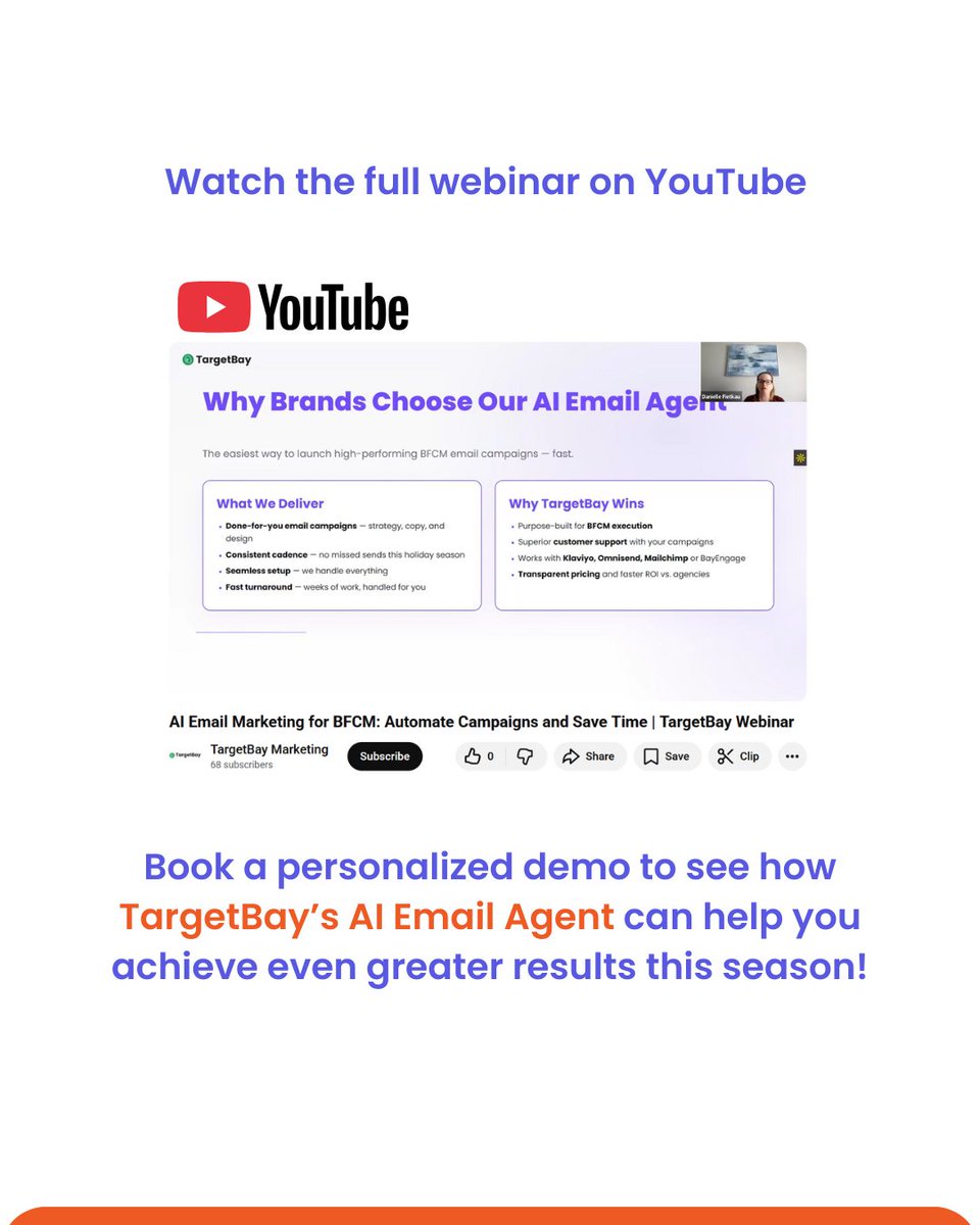 TargetBay's tweet photo. 5X faster launches. 18% more conversions.

Discover how brands are winning this BFCM with TargetBay’s AI Email Agent — full webinar now on YouTube - https://t.co/Dwhqga4xzJ

Book a demo to discover how the AI Email Agent can drive your BFCM success - https://t.co/zJGwp5GWCr https://t.co/LtpURHlfdg