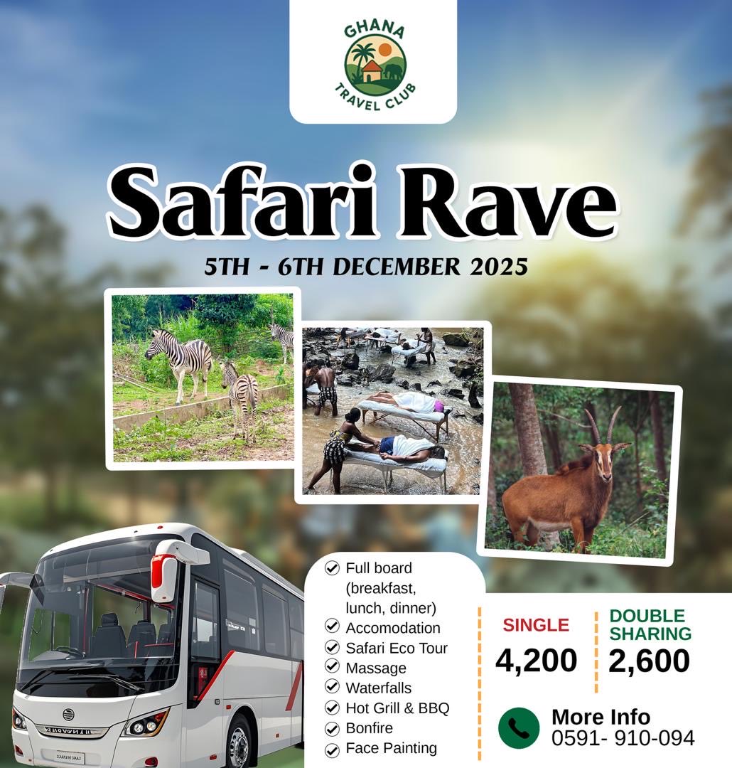 AbeikuSantana's tweet image. exciting *Safari Rave* happening from *5th–6th December 2025!*🔥
Safari Eco Tour, waterfalls, massages, bonfire nights, BBQ, and more !*

Don’t miss out

📍 Single Occupancy GHS 4,200
📍 Double Sharing: 
GHS 2,600

secure your spot 0591910094