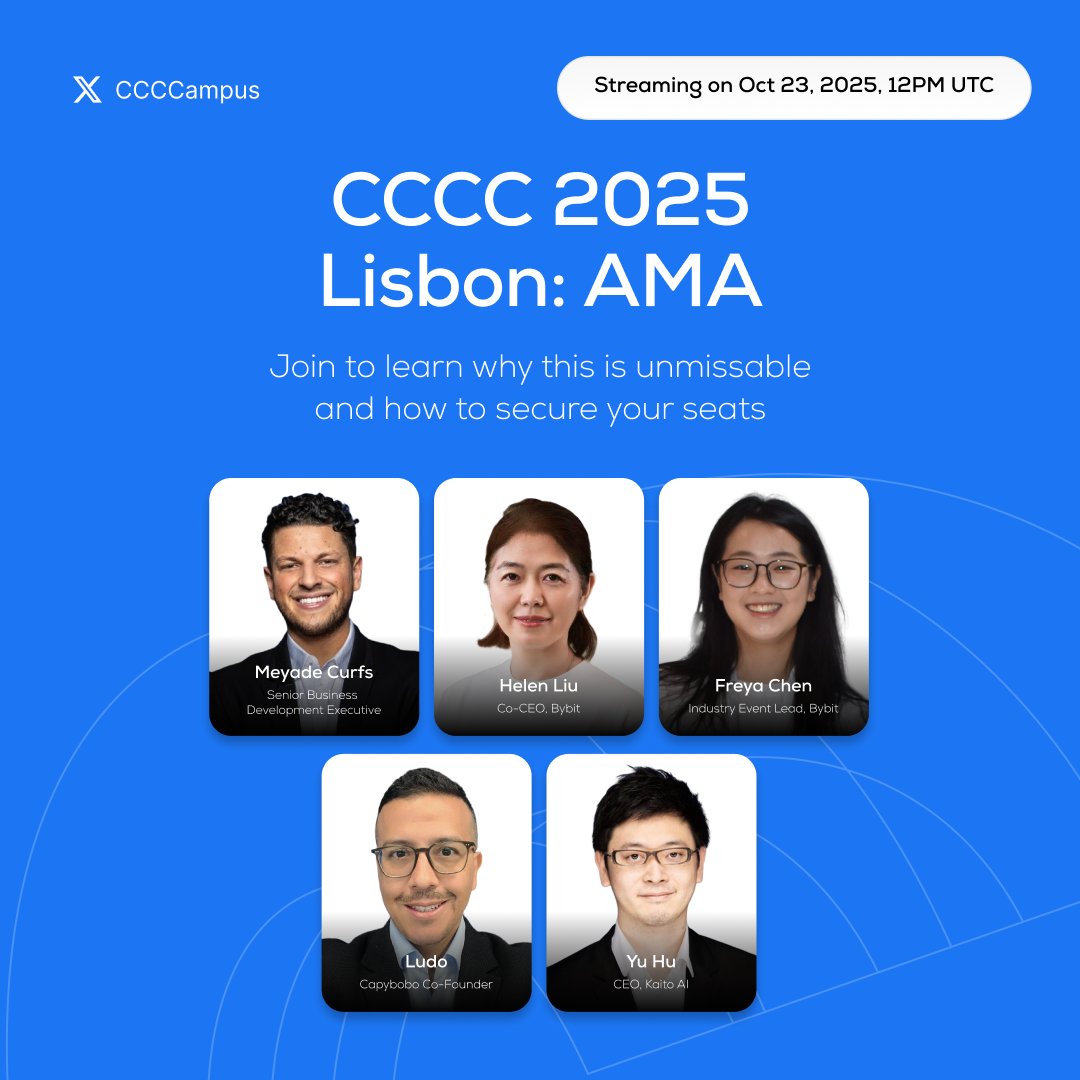 ⏰ We’re going live in 2 hour! 🇵🇹

Get ready for the CCCC x Bybit AMA uncover what’s next for creators, traders, and builders in Web3, and learn how to secure your seats for #CCCC2025Lisbon 🎟️

🕛 12PM UTC | Oct 23, 2025
🎥 Join the live stream → bybit.com/en/press/live/…