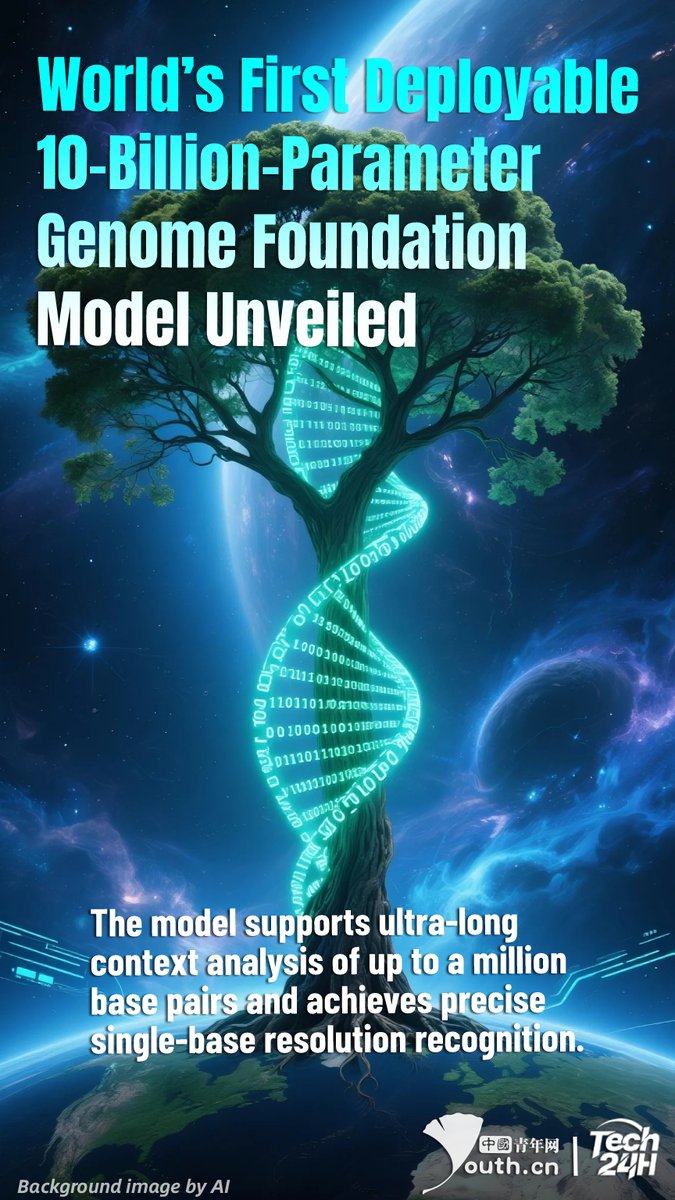 YouthChina's tweet image. 【#Tech24H】On October 23, the #BGIReasearch and #ZhejiangLab jointly released #Genos, the world’s first deployable 10-billion-parameter universal foundation model for genomics. The model supports ultra-long context analysis of up to a million base pairs and achieves precise…