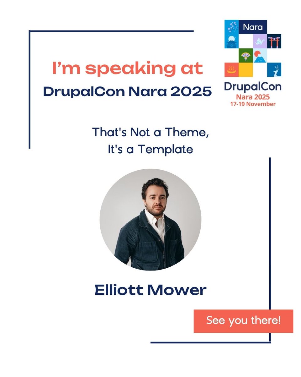 DrupalConAsia's tweet image. 🎨 Drupal の Drupal Canvas デザインシステムが、サイト制作にもたらす変革を体感しよう!
Elliot Mower によるセッション「That’s Not a Theme, It’s a Template」を #DrupalConNara で開催。
お見逃しなく — 今すぐ登録を!
👉🏻 events.drupal.org/nara2025/regis…
#DrupalConAsia #OpenSource #DrupalJapan