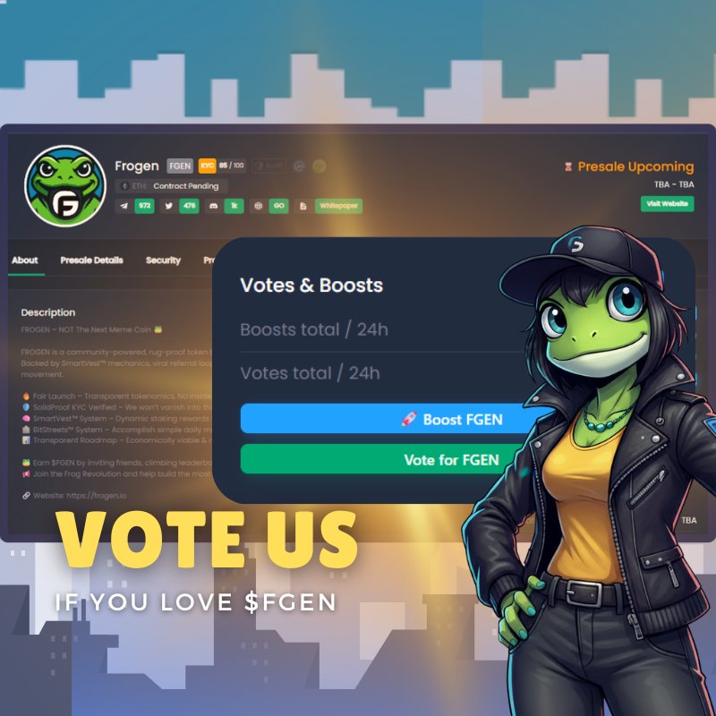 LuaCrypt's tweet image. The @FroGenCoin community is growing stronger every day, built by dreamers, creators, and believers shaping the future of Web3 gaming. If you believe in what we’re building together, now is the time to show your support where it matters most.
Your vote helps us reach more…