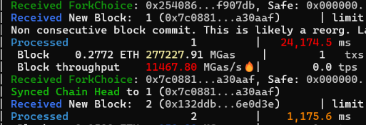Console screenshot of Ethereum benchmarking with 277 million gas block processing