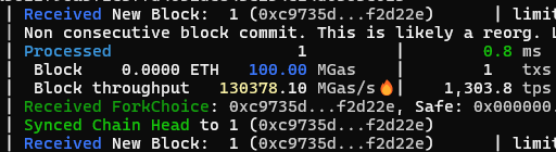 Additional console output from Nethermind's Ethereum high-throughput benchmarking