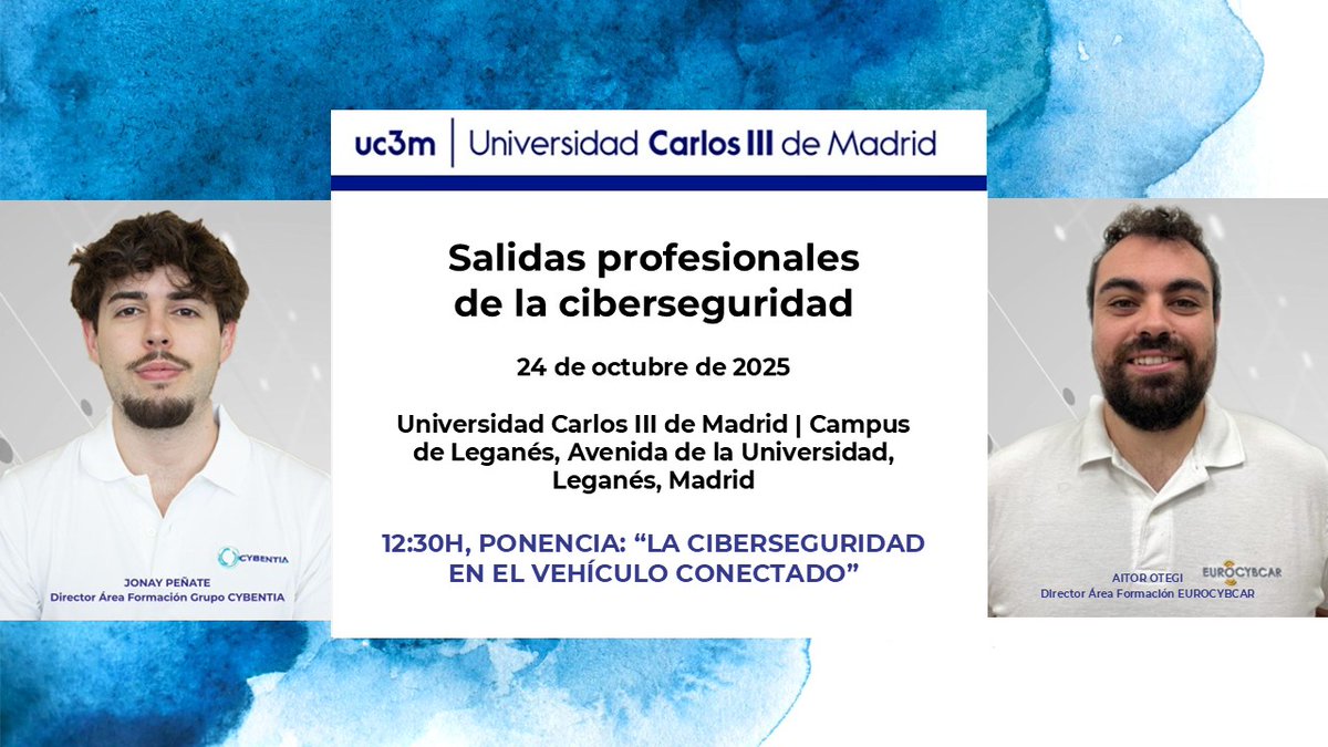 El 24 de octubre, <a href="/uc3m/">UC3M</a> e <a href="/INCIBE/">INCIBE</a>  organizan una jornada sobre las salidas profesionales del sector de la #ciberseguridad. Entre los ponentes: Jonay Peñate, director de Formación de @GrupoCYBENTIA y Aitor Otegi, director de Formación de @EUROCYBCAR
Info: eventos.uc3m.es/127948/detail/…