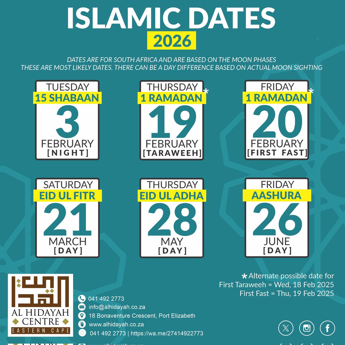 IslamicFocus's tweet image. Probability Guide
Islamic Dates 2026

Likely dates for South Africa based on moon phases. Can be a day difference based on actual moon sighting.

#calendar
