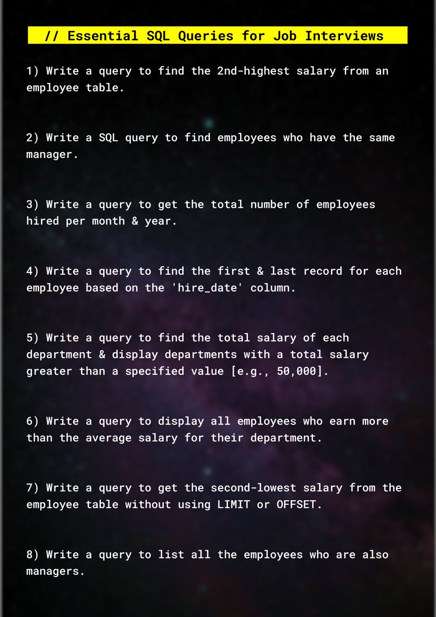 connectedaeroo's tweet photo. Essential SQL Queries for Job Interviews 👀

These 22 essential SQL queries cover the most common topics asked in job interviews, helping you practice &amp; quickly recall the key commands &amp; techniques needed to handle real-world database problems.

Download link in thread 🧵 https://t.co/D6tyuN2XTS