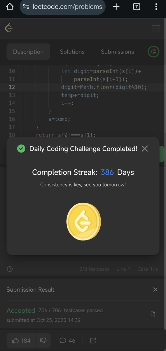 Pratikshak19332's tweet image. ✅ Day 389 of the @LeetCode #POTD Challenge!
💡 Approach:
Repeatedly sum adjacent digits (taking each sum mod 10) to form new strings until only two digits remain, then check if they’re equal.
#LeetCode #CodingChallenge #JavaScript