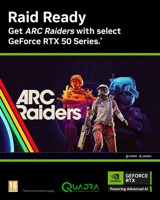 quadrastores's tweet photo. لفترة محدودة! احصل على النسخة الفاخرة من لعبة @Arc_Raiders مجاناً عند شراء أي كمبيوتر مكتبي، لابتوب محمول، أو كرشت شاشة من سلسلة GeForce RTX 50 Series.

#RTXOn

#RTXOn https://t.co/PXJWowe3II
