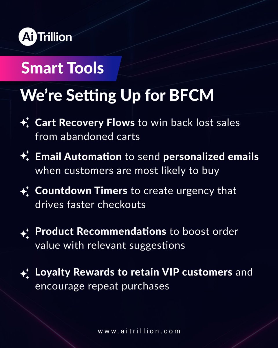 𝐁𝐅𝐂𝐌 isn’t about doing more, it’s about doing it smarter.

𝐀𝐮𝐭𝐨𝐦𝐚𝐭𝐞 𝐲𝐨𝐮𝐫 𝐬𝐭𝐨𝐫𝐞’𝐬 𝐠𝐫𝐨𝐰𝐭𝐡 with <a href="/AiTrillion/">AiTrillion | Grow E-Commerce Faster!🚀</a> 🤖

Install on <a href="/Shopify/">Shopify</a>: lnkd.in/d2kpyTzj 

#AiTrillion #Shopify #itfc #readingfc #paofc #HEESEUNG #BFCM #BFCM2025 #Automation