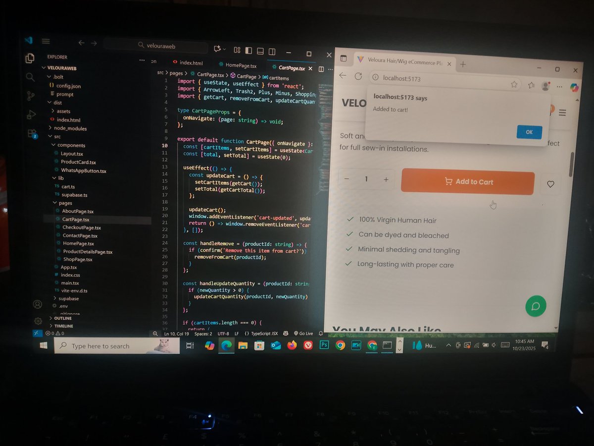 tech_evolv's tweet image. The Veloura Hair Cart Page — where design meets data flow 💫
Built with React.js + TypeScript, featuring real-time item management and total updates.
Because even code should feel classy. 💇‍♀️🛍️

#VelouraHair #ReactDeveloper #FrontendDesign #EcommerceDevelopment #WebDev #UIUX