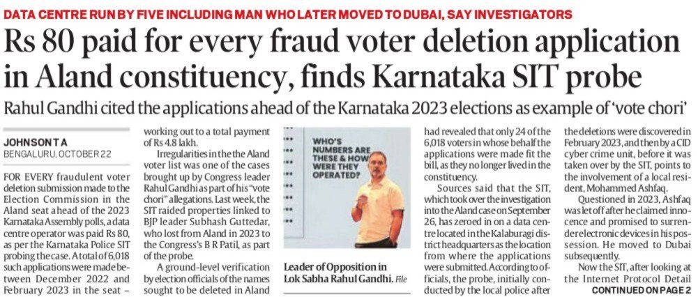 कर्नाटक के आलंद में 'वोट चोरी' का बड़ा खुलासा।

SIT जांच में सामने आया कि हर एक वोटर का नाम डिलीट करने के लिए 80 रुपए दिए गए।
कुल 6,018 वोटरों के नाम फर्जी तरीके से हटाए गए, जिसके लिए लगभग 4.8 लाख रुपए का भुगतान हुआ।

SIT ने BJP नेता और उनके बेटों के ठिकानों पर छापा मारकर 7