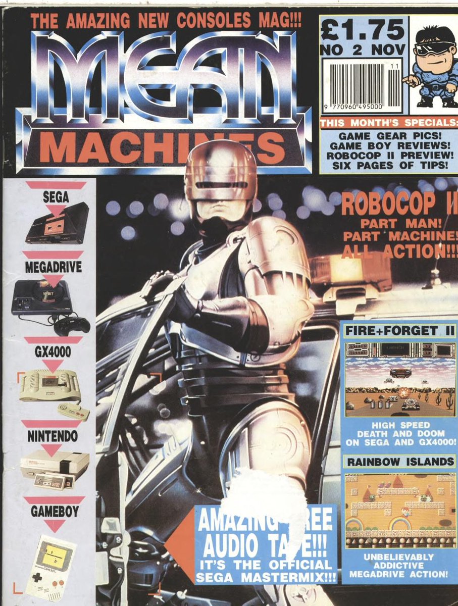 JazRignall's tweet image. 35 years ago, Mean Machines featured Robocop on its cover. Top reviews: Mega Drive Populous (93%), Strider (92%), Budokan (87%), Rambo III (86%), Forgotten Worlds (85%), and Rainbow Islands (92%), NES Spy vs. Spy (84%) and Bubble Bobble (85%), and SMS Columns (89%). What a month!