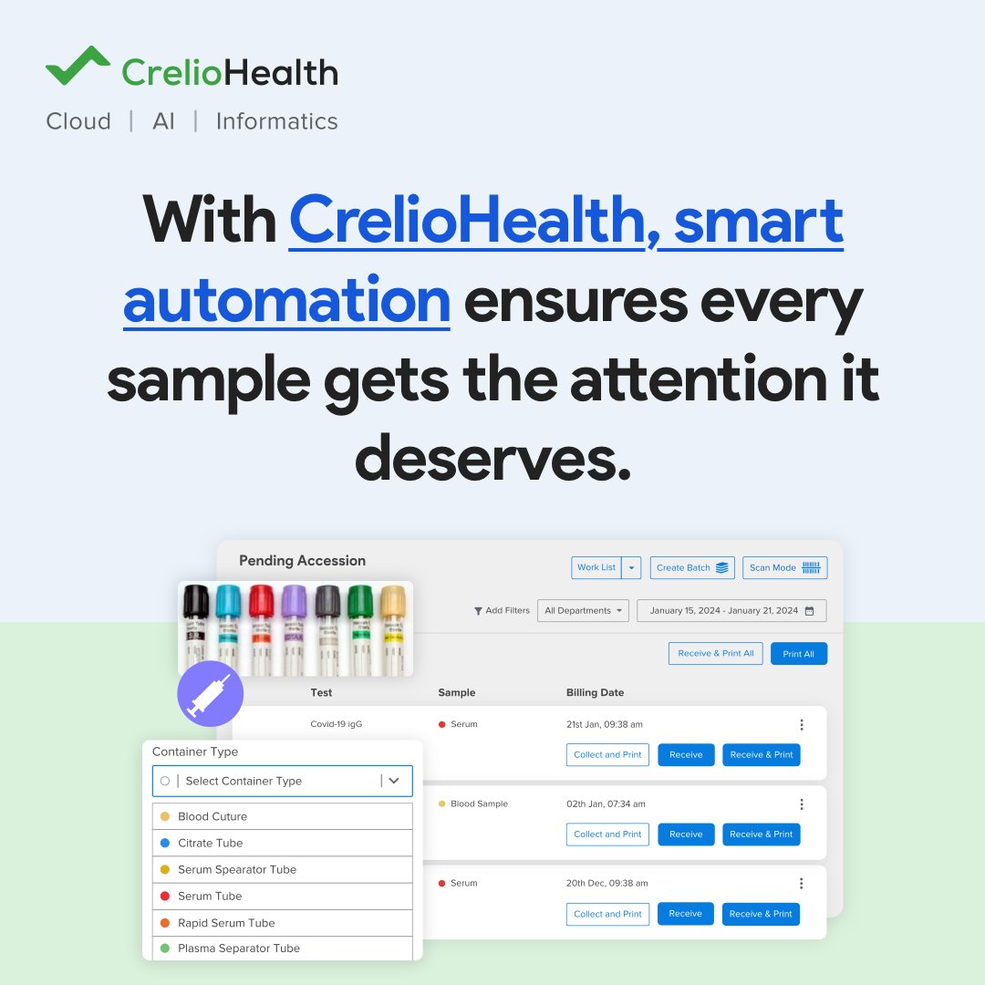 creliohealth's tweet image. Many labs spend a considerable amount of time tracking samples and resolving related issues. With CrelioHealth’s cutting-edge automation, labs can simplify tracking processes, focus on priority testing, and increase productivity by up to 80%.
#FutureOfLabs #LabSolutions