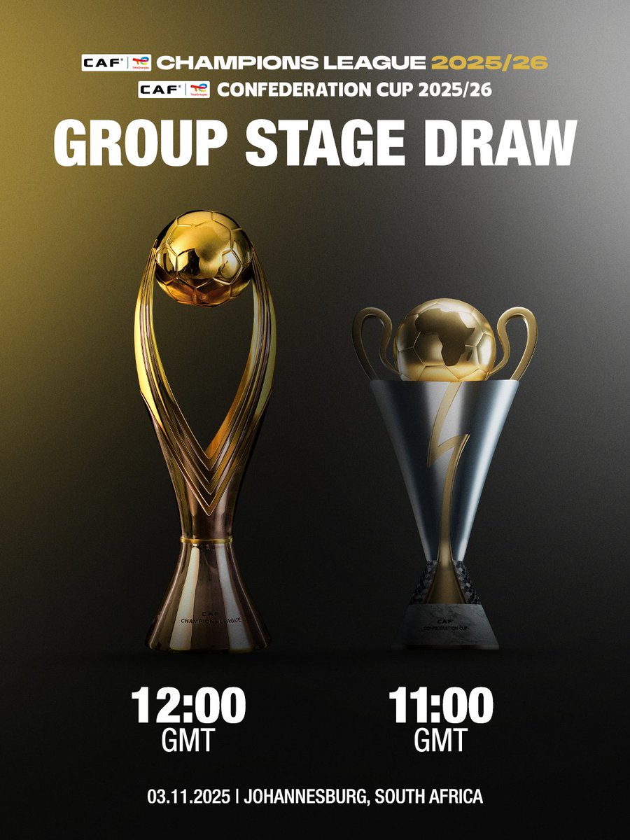 iDiskiTimes's tweet photo. 𝗢𝗙𝗙𝗜𝗖𝗜𝗔𝗟 ‼️

The draw for the CAF Champions League and CAF Confederation Cup group stages will take place on 3 November in Johannesburg.

How many SA team will make it? 

#CAFCL | #CAFCC https://t.co/qPBiSgAqmJ