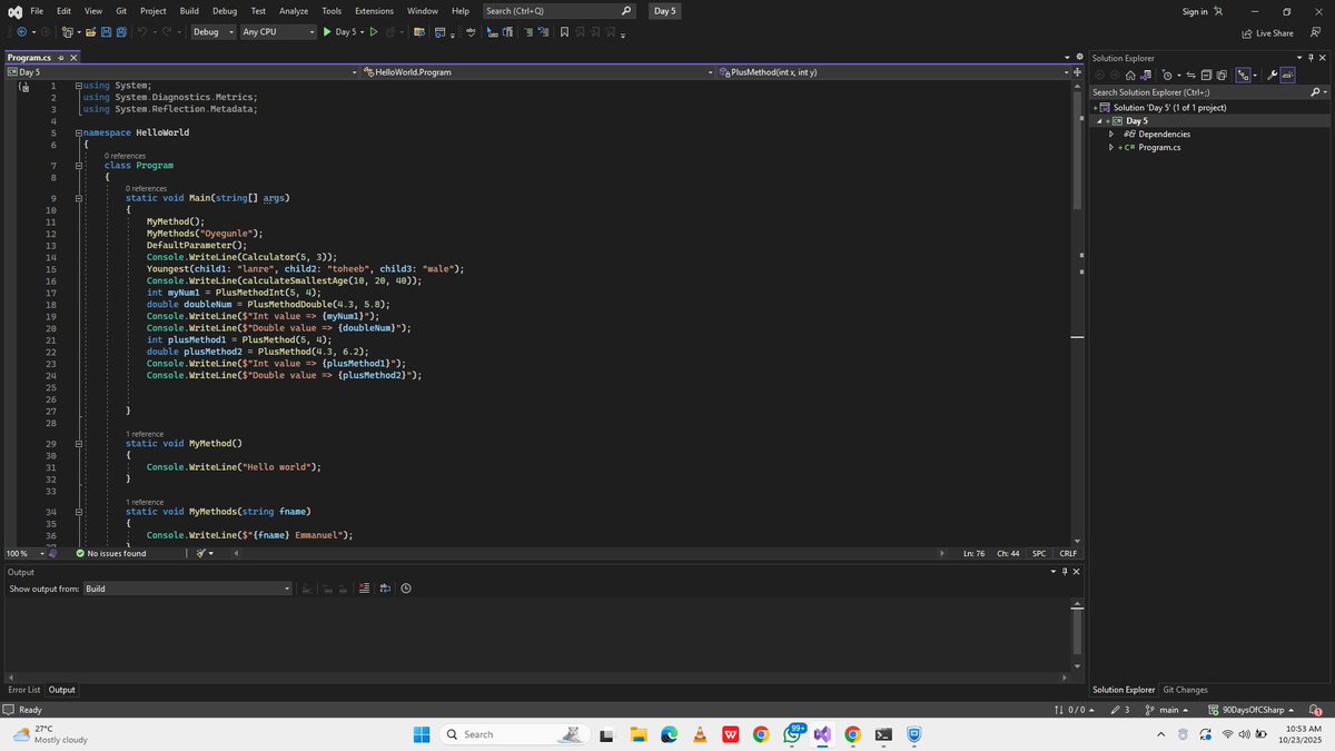 OyegunleE's tweet image. Day 5 of #90DaysOfCSharp. Today I learnt about Methods
Today I learnt how to:
- Define and call methods
- Use parameters & default values
- Return values
- Apply method overloading
1/2