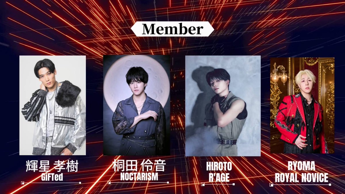 📢RAP TEAM

輝星 孝樹（GiFTed）
<a href="/Koki_GiFTed/">輝星 孝樹(キラ コウキ)</a>

桐田 伶音（NOCTARISM）
<a href="/Leon_Kirita/">桐田伶音(NOCTARISM)</a> 

HIROTO（R'AGE）
<a href="/r_age_hiroto/">HIROTO / 飛鳥馬大翔 【R'AGE】</a> 

RYOMA（ROYAL NOVICE）