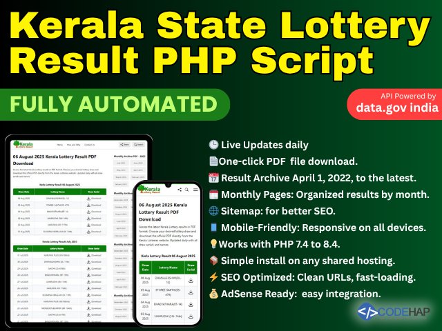 CodeHap's tweet image. New from @CodeHap: “Kerala Lottery Results Fully Automated PHP Script” 🧩
• Daily automated updates
• Download PDF with 1-click
• Archive of results since Apr 2022
• Mobile-friendly + SEO + AdSense ready
Built for PHP 7.4-8.4 👉 codehap.com/store/kerala-l…
 #KeralaLottery #PHPDev