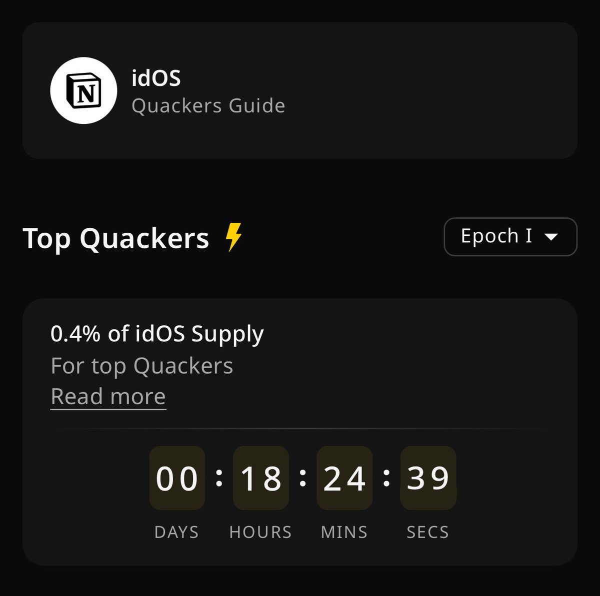 Hey all Quackers 🙋 

<a href="/idOS_network/">idOS</a> 0.4% Supply for Airdrop ✅ 
Countdown :  0 Day 18 hours 24 min

5 figures incoming