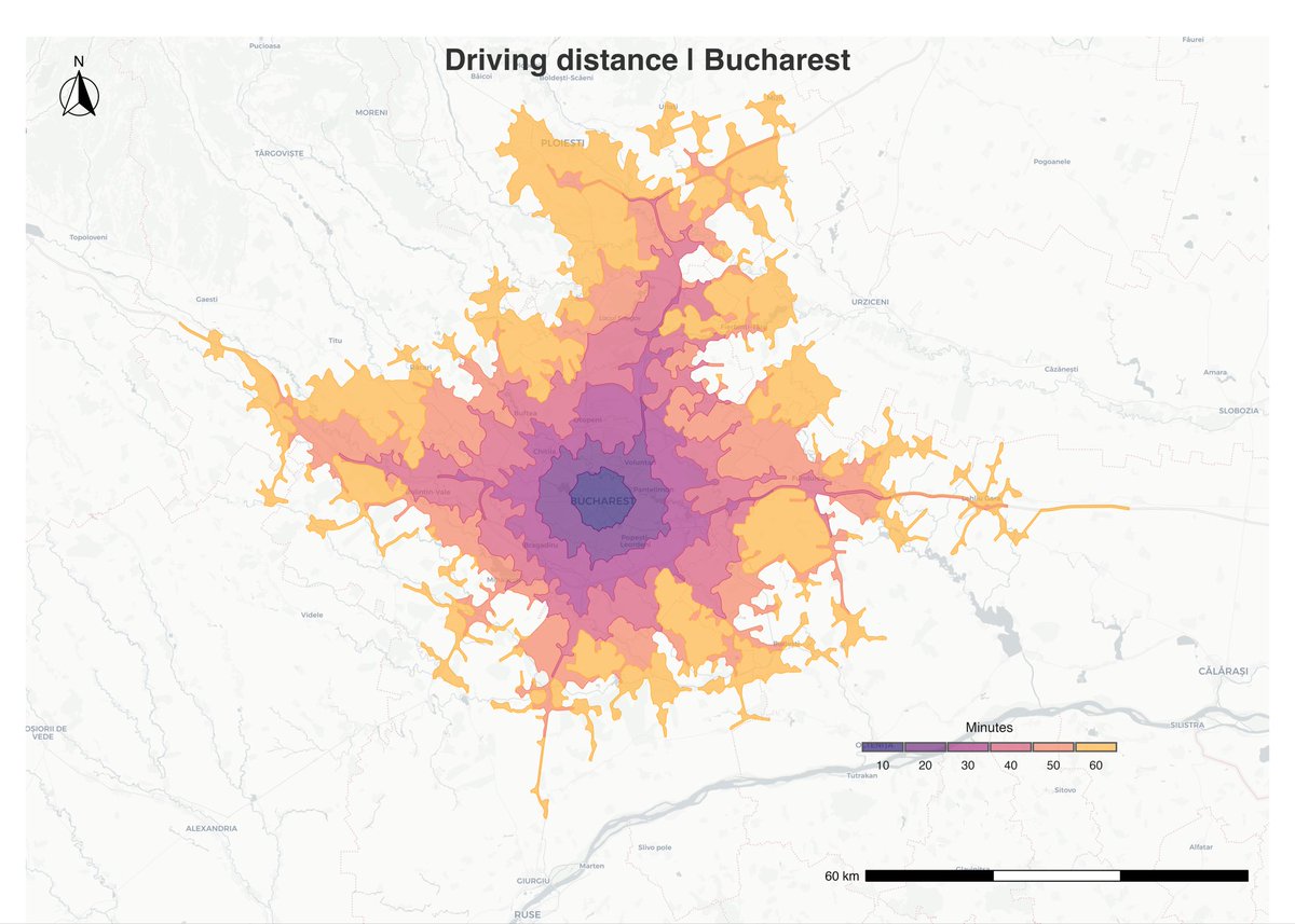 milosmakesmaps's tweet image. Time is geography in motion—and every city tells a different story of how far an hour can take you.
I mapped one-hour driving ranges from four European cities starting with “B”—Barcelona, Belgrade, Bucharest, and Budapest—to see how terrain, road networks, and infrastructure…