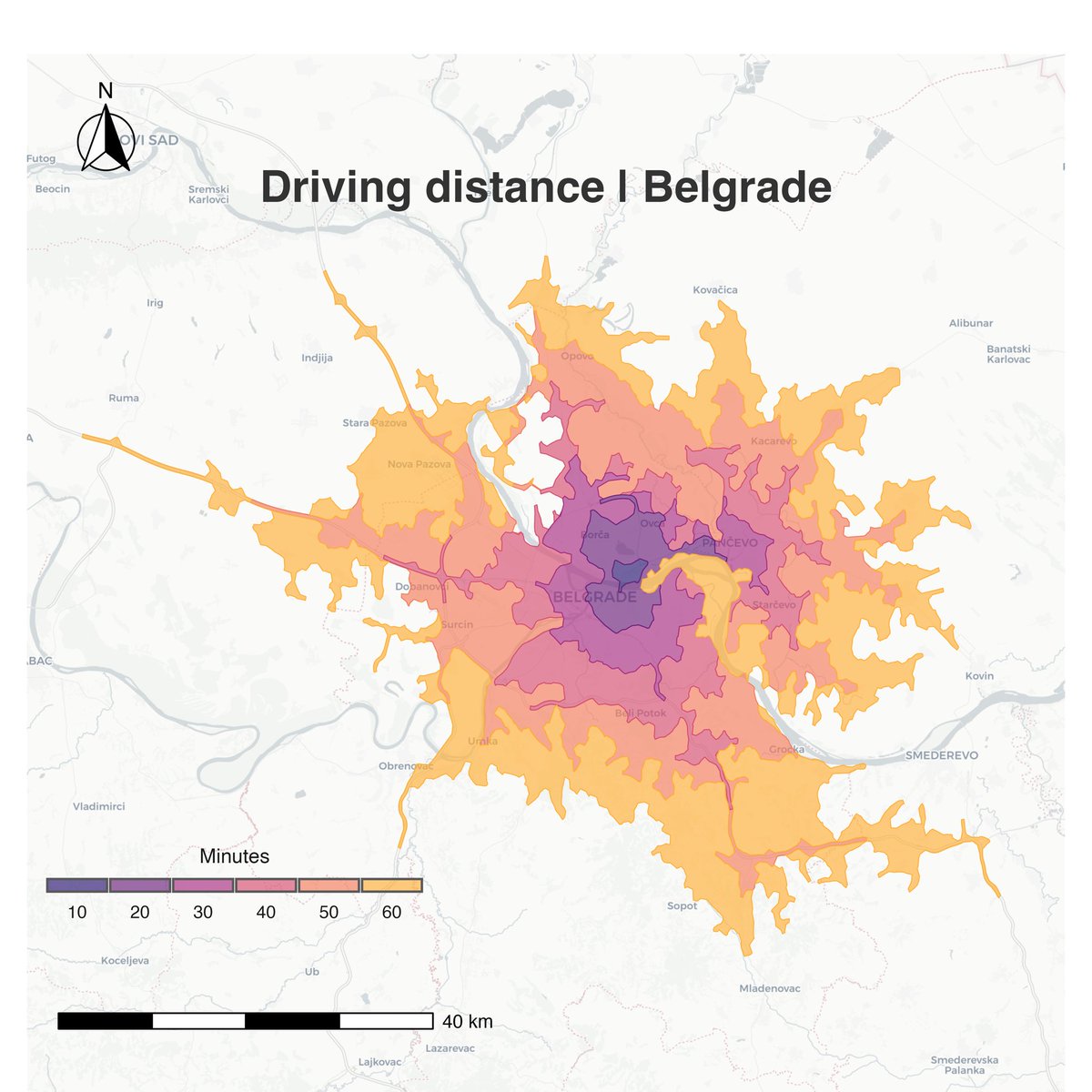 milosmakesmaps's tweet image. Time is geography in motion—and every city tells a different story of how far an hour can take you.
I mapped one-hour driving ranges from four European cities starting with “B”—Barcelona, Belgrade, Bucharest, and Budapest—to see how terrain, road networks, and infrastructure…