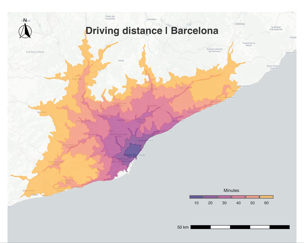 milosmakesmaps's tweet image. Time is geography in motion—and every city tells a different story of how far an hour can take you.
I mapped one-hour driving ranges from four European cities starting with “B”—Barcelona, Belgrade, Bucharest, and Budapest—to see how terrain, road networks, and infrastructure…