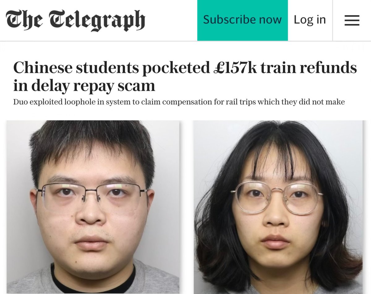 Byron_Wan's tweet image. 🇨🇳 Li Liu (left pic) and 🇨🇳 Wanqing Yu (right pic), two Chinese students living in Leeds, have been locked up after exploiting a massive loophole in Britain’s rail compensation system. Liu and Yu raked in a whopping £156,743 — Liu stole £141,031, Yu £15,712 — by scamming the…