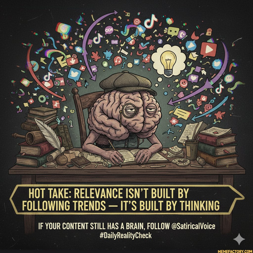 SatiricalVoice's tweet photo. Good afternoon. Hot take: Relevance isnโt built by following trends โ itโs built by thinking.
If your content still has a brain, follow @SatiricalVoice. #DailyRealityCheck https://t.co/16MSaAQBsQ