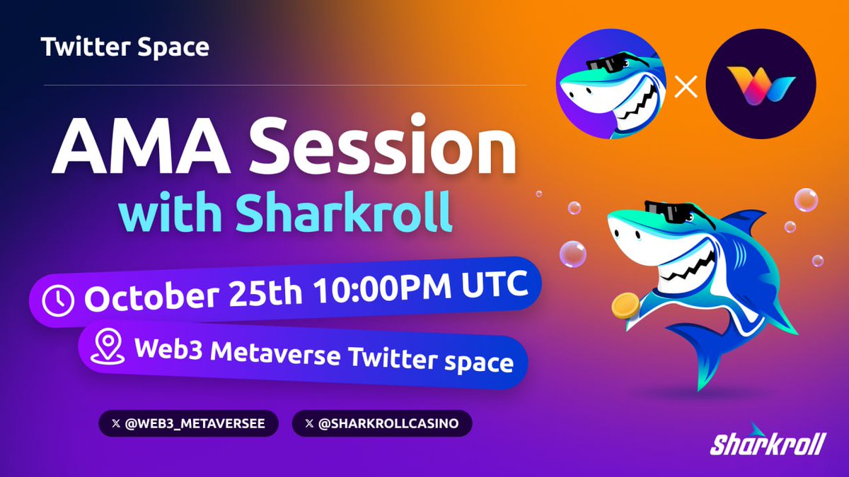 Web3_METAVERSEE's tweet image. 🥳 Web3 Metaverse x Sharkroll Casino Twitter Spaces AMA

⏰ Time: Oct 25nd, 09:00 PM  (UTC)
🎁 $49 for 5 Best Questions &amp;amp; More Winners On Live AMA

🔷Follow @SharkrollCasino
🔷Comment Questions &amp;amp; Tag 3 Friends
🎙️Set Reminder:- x.com/i/spaces/1MnGn…

#AMA #SharkrollCasino