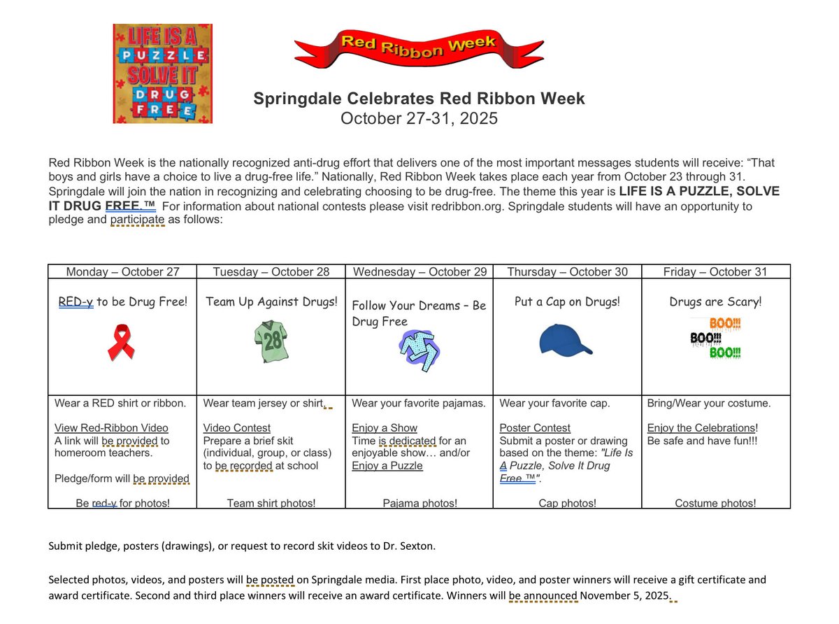 Springdale Celebrates Red Ribbon Week of October 27-31, 2025