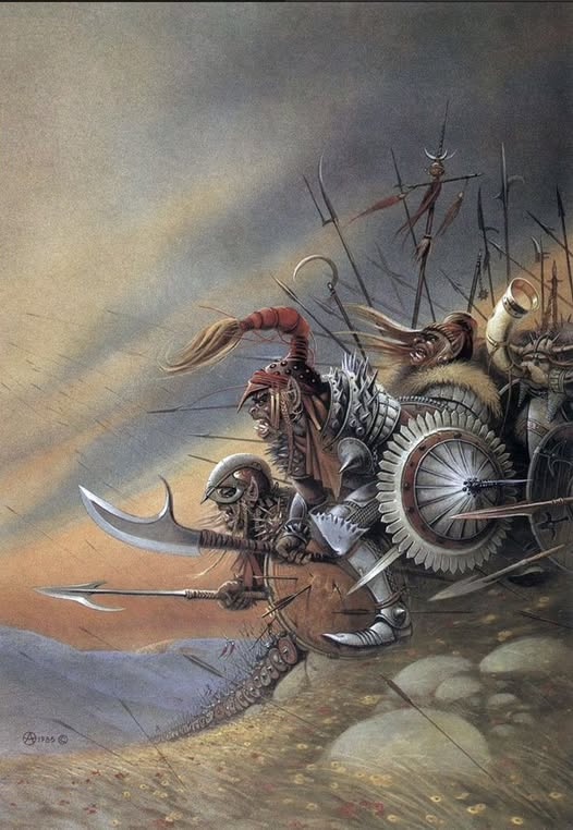 CHRIS ACHILLEOS - The Orcs Charge, 1985
Cover art for the WFB2e Ravening Hordes expansion supplement. Also White Dwarf # 89