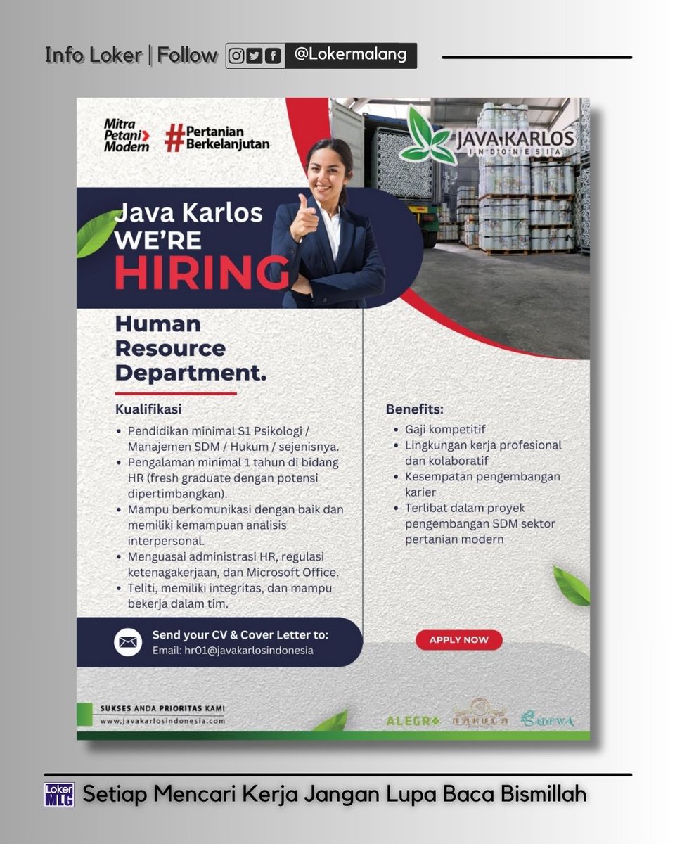Lokermalang's tweet image. #Lokermalang
PT. JAVA KARLOS INDONESIA
WE ARE HIRING‼️
▪️ 𝘏𝘜𝘔𝘈𝘕 𝘙𝘌𝘚𝘖𝘜𝘙𝘊𝘌 𝘋𝘌𝘗𝘈𝘙𝘛𝘔𝘌𝘕𝘛
P͟l͟e͟a͟s͟e͟ s͟e͟n͟d͟ y͟o͟u͟r͟ C͟V͟ t͟o͟ :
📧 : hr01@javakarlosindonesia.com
📝 : Subject “Posisi_Nama”