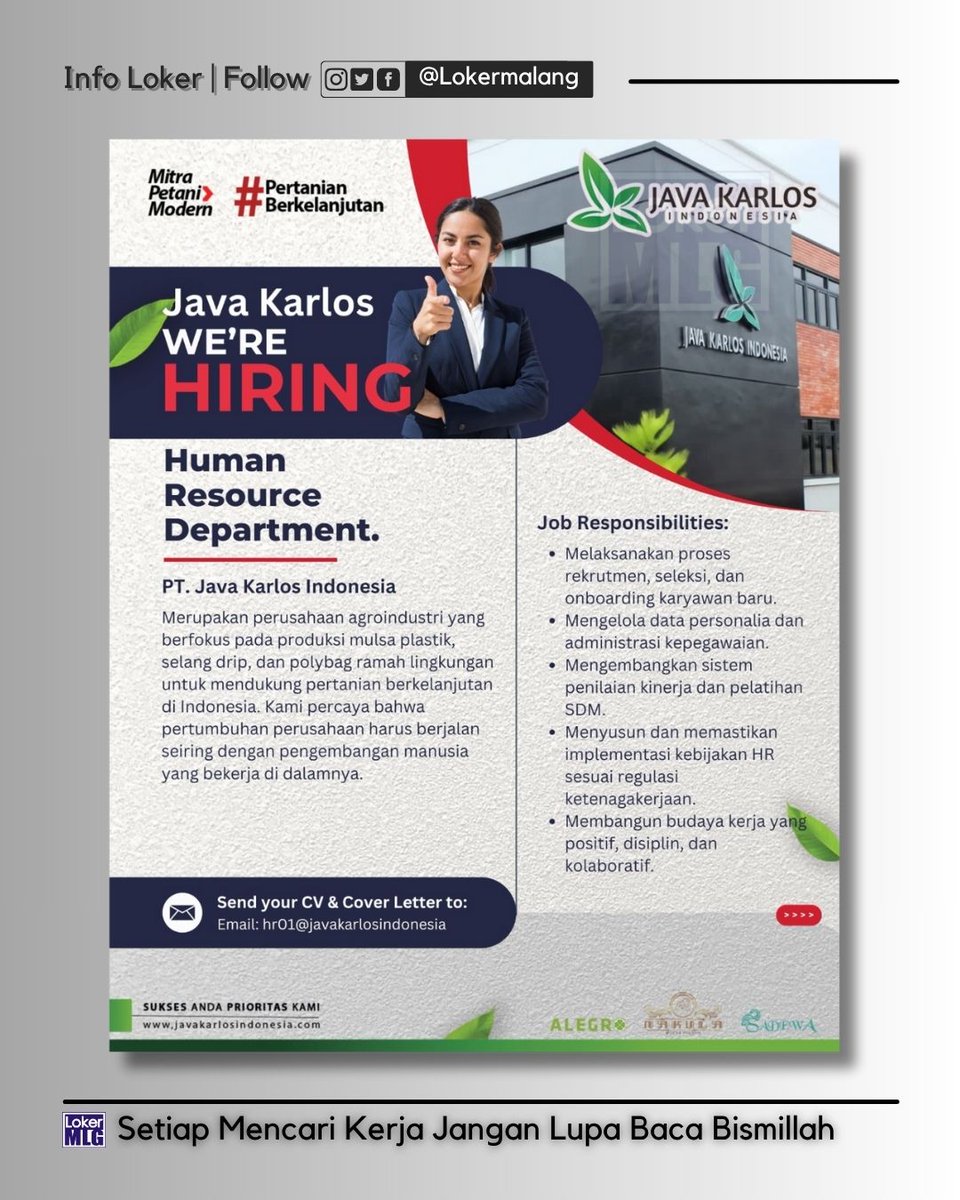 Lokermalang's tweet image. #Lokermalang
PT. JAVA KARLOS INDONESIA
WE ARE HIRING‼️
▪️ 𝘏𝘜𝘔𝘈𝘕 𝘙𝘌𝘚𝘖𝘜𝘙𝘊𝘌 𝘋𝘌𝘗𝘈𝘙𝘛𝘔𝘌𝘕𝘛
P͟l͟e͟a͟s͟e͟ s͟e͟n͟d͟ y͟o͟u͟r͟ C͟V͟ t͟o͟ :
📧 : hr01@javakarlosindonesia.com
📝 : Subject “Posisi_Nama”