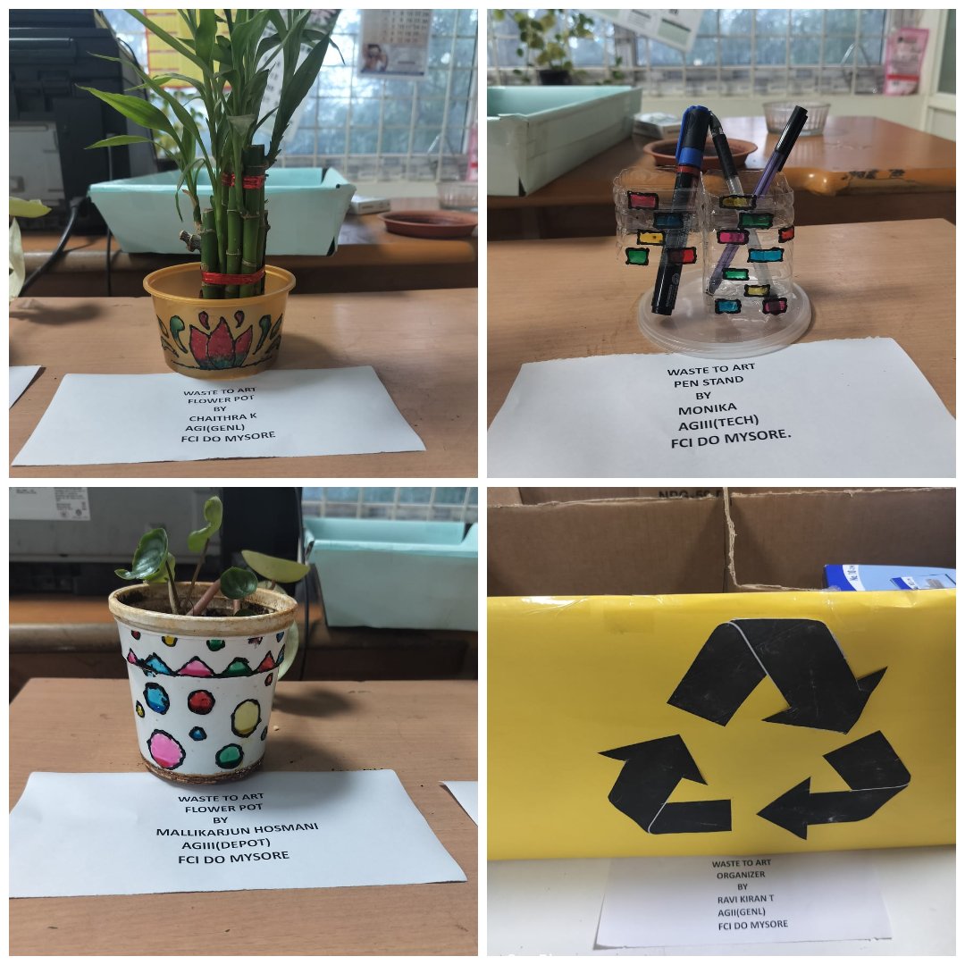 🖊️🥇ಸ್ವಚ್ಛ ಅಭಿಯಾನ 5.0 ರ ಭಾಗವಾಗಿ ಭಾರತೀಯ ಆಹಾರ ನಿಗಮದ ಮೈಸೂರು ವಿಭಾಗೀಯ ಕಚೇರಿಯ ನೌಕರರಿಂದ ತ್ಯಾಜ್ಯದಿಂದ ಕಲಾಕೃತಿಗಳ ಸೃಷ್ಟಿಗಳನ್ನು ಪ್ರದರ್ಶಿಸಲಾಯಿತು.🖍️🖌️Waste to art creations by employees of food corporation of India divisional office Mysore as part of swachhta campaign 5.0🗃️📝#fci #Swachhotsav