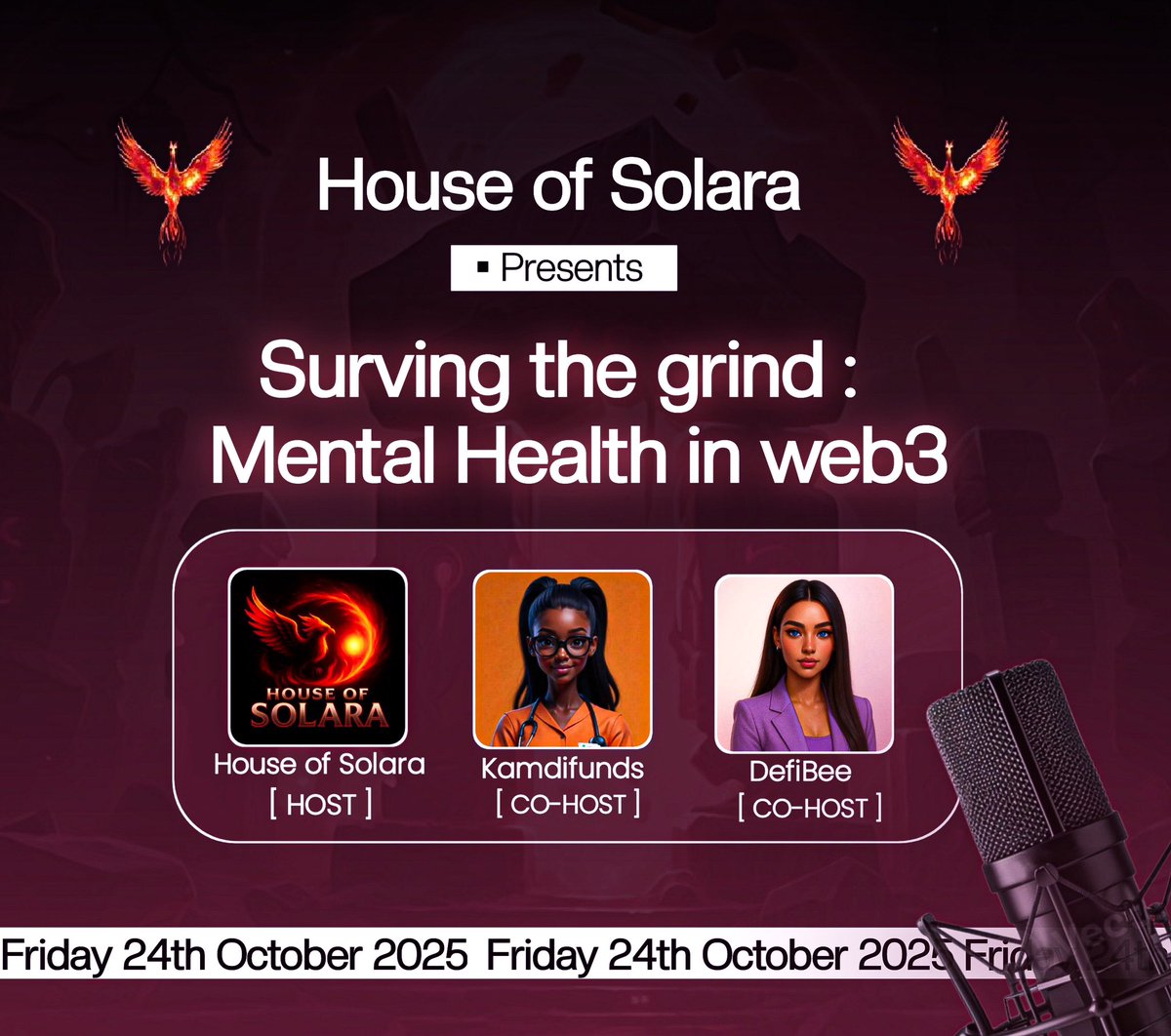 GM CT🐦‍🔥

Everyone talks about success in Web3.
But no one talks enough about how draining the process can be.

Tomorrow by 8PM, the House of Solara is hosting a space “Surviving the Grind: Mental Health in Web3.”

Set your reminder(link in the comment section) ⬇️