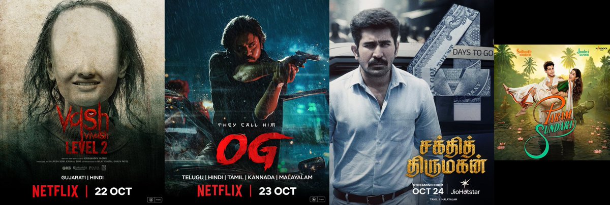 Dir_Suresheav's tweet photo. This Week (Oct 24) OTT Release :
#ShakthiThirumagan (Tamil) - Hotstar
#TheyCallHimOG (Telugu) - Netflix
#Accused (Tamil) - Aha
#VashLevel2 (Gujarati) - Netflix
#JumbooCircus (K) - Sun Nxt
#Weapons (E) - HBOMax
#Chattuli (M) - Manorama Max
#Attack13 (Thai) - Netflix
#HolyGhost (E) - Prime
#Zora (H) - Youtube
#Koodal (M) - Simply South
#ParaiIsaiNadagam (T) - Sun Nxt
#TheBikeRiders (E) - Prime
#MonsterSummer (E) - Prime
#ValsalaClub (M) - Manorama Max
#NeighborhoodWatch (E) - Hotstar
#PitchToGetRich S1 (H) - Hotstar Show
#Lazarus S1 (Spanish) - Prime Series
#Freelance (E) - LionsGate Play
#TheApprentice (E) - LionsGate Play
#AHouseOfDynamite (E) - Netflix
#TheElixir (Indonesian) - Netflix
#AskMeWhatYouWant (E) - Hostar
#ThePhoenicianScheme (E) - Hotstar
#DownCemeteryRoad (E) - Apple TV Series
#TheMonsterOfFlorence (Italian) - Netflix Series
#TheHandThatRocksTheCradle (E) - Hotstar
#JustABitEspers S1 (Japanese) - Netflix Series
#MobWarPhiladelphiaVsTheMafia S1 (E) - Netflix Series
#WifeSwap TheRealHousewivesEdition S1 (E) - Hotstar Series