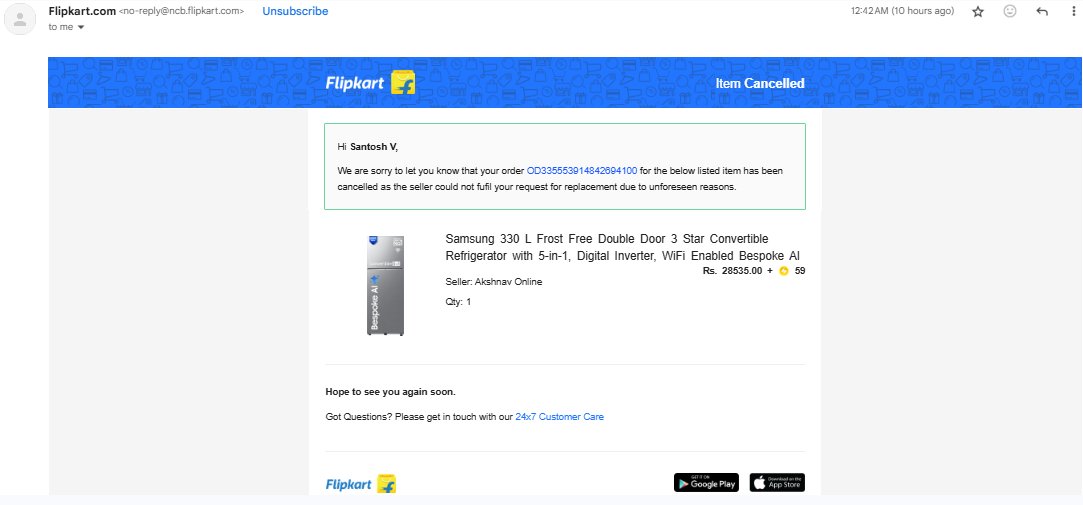 sv31786's tweet photo. @Flipkart made me wait 1 month for a refrigerator, only to cancel it saying damaged in transit. No compensation for the delay or hassle. This isn’t service — it’s negligence. Raising this with @ConsumerForum_In. #FlipkartFail #ConsumerForum #bigbilliondays2025 #FlipkartScam https://t.co/TmgT57FeeF