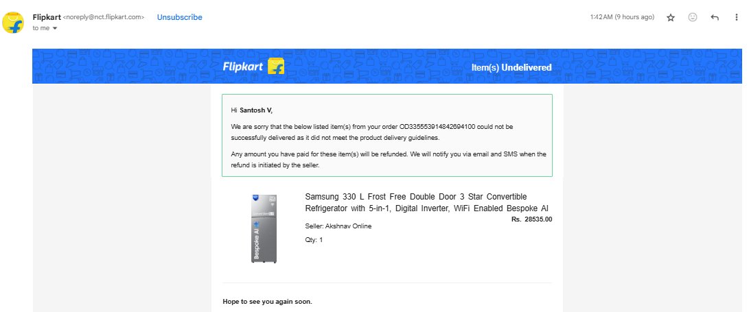 sv31786's tweet photo. @Flipkart made me wait 1 month for a refrigerator, only to cancel it saying damaged in transit. No compensation for the delay or hassle. This isn’t service — it’s negligence. Raising this with @ConsumerForum_In. #FlipkartFail #ConsumerForum #bigbilliondays2025 #FlipkartScam https://t.co/TmgT57FeeF