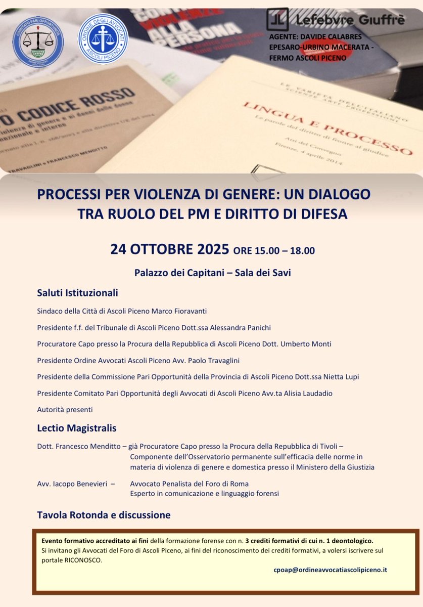 Domani ad Ascoli Piceno un confronto su ruoli, spazi e linguaggi di PM e difesa nei processi da “#CodiceRosso”. Un’occasione per guardare insieme ai ruoli e oltre i ruoli.
#AscoliPiceno #Giustizia #PM #Difesa #Codicerosso #linguaggio