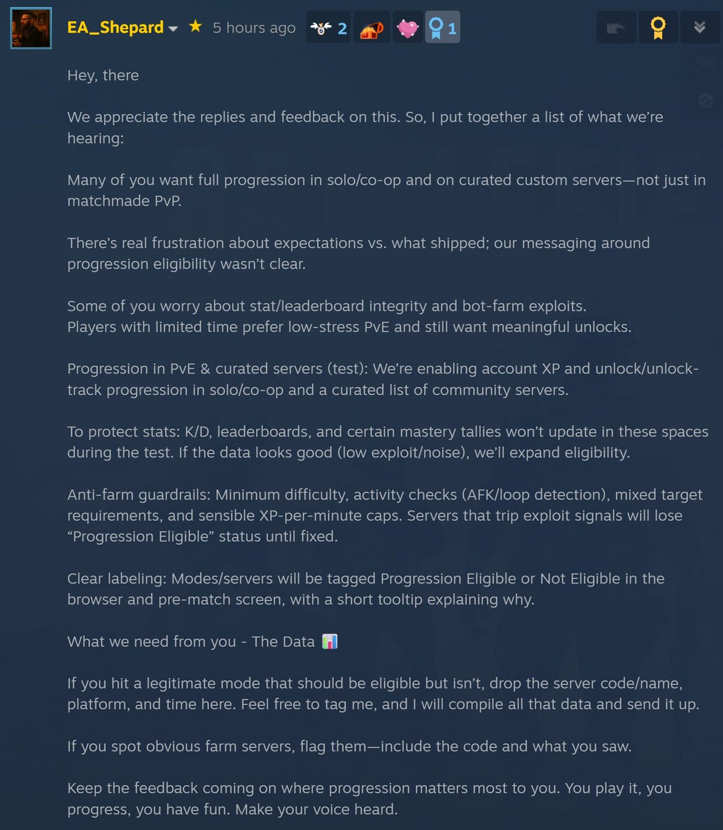 توضيح من EA_Shepard للبورتال والسيرفرات الخاصة الي حاب يفعل نقاط XP في سيرفره الخاص

ترجمة الكلام المذكور في الصورة 👇🏻

🎮 توضيح حول نظام التقدّم (Progression) في Battlefield 6

نقدّر ملاحظاتكم وآراءكم، وهذه أبرز النقاط التي استقبلناها من المجتمع:

🔹 العديد من اللاعبين يرغبون