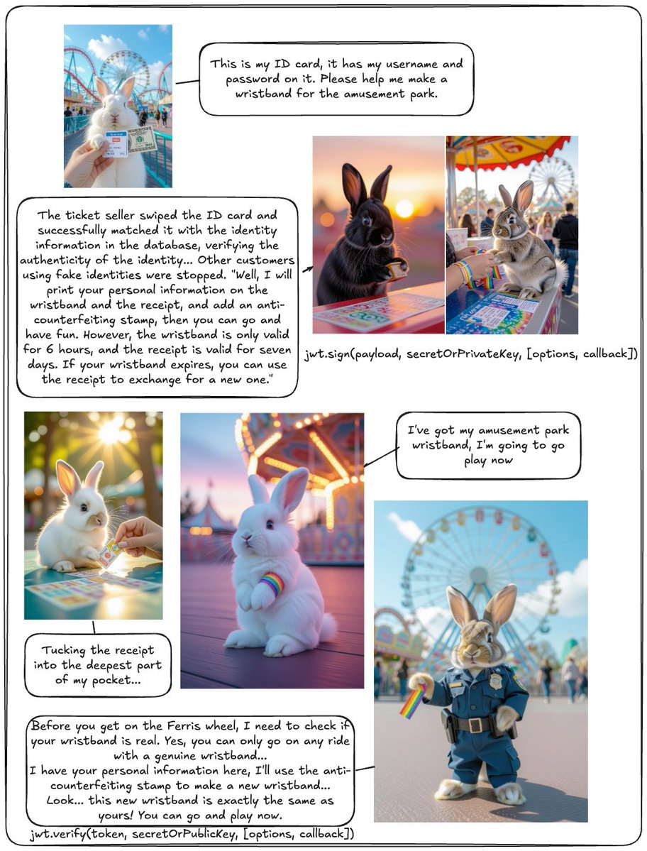 0999cs's tweet image. I couldn't make sense of JWT docs, so I use an AI draw this comic about bunnies for me. 🐰Finally, Access Tokens (wristbands) & Refresh Tokens (receipts) make sense! Sharing in case it helps other visual learners. ❤️#100DaysOfCode #nodejs #javascript #webdev