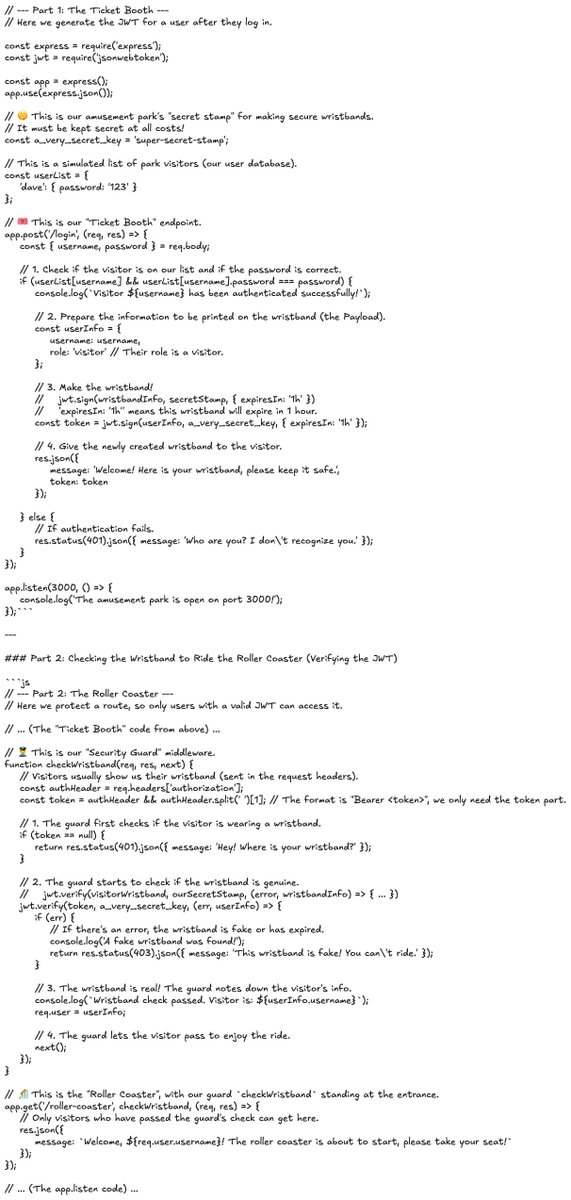 0999cs's tweet image. I couldn't make sense of JWT docs, so I use an AI draw this comic about bunnies for me. 🐰Finally, Access Tokens (wristbands) & Refresh Tokens (receipts) make sense! Sharing in case it helps other visual learners. ❤️#100DaysOfCode #nodejs #javascript #webdev