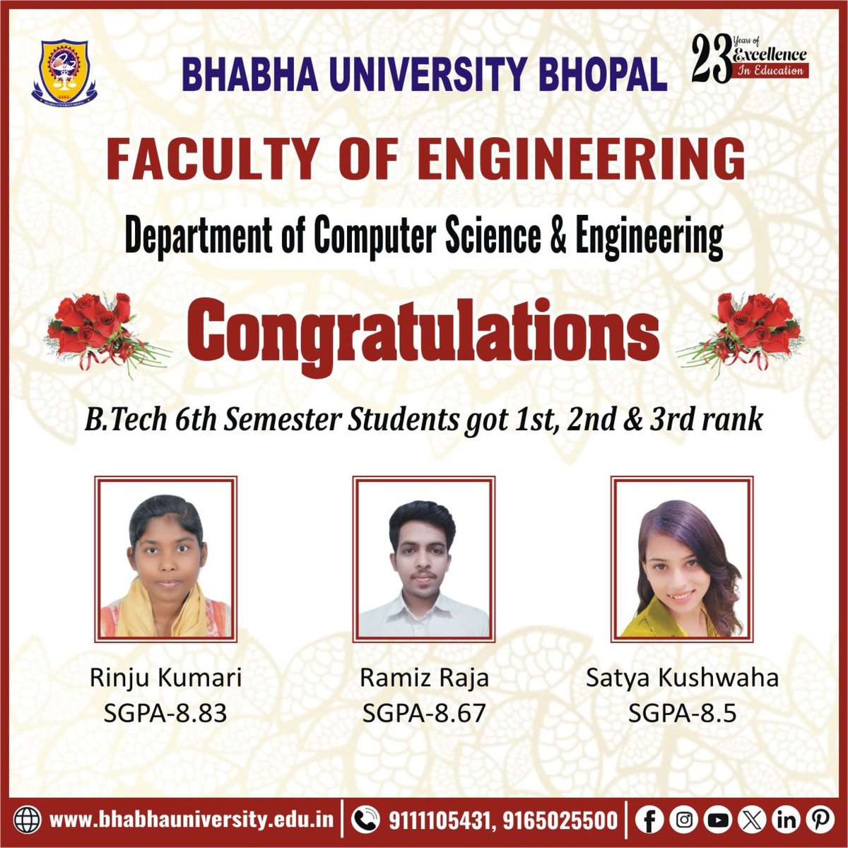 BhabhaUniversty's tweet photo. Congratulations dear students 📷📷📷
#CSE #Btech #BhabhaResults
#computerscienceandengineering
#Bhabha
#BUBhopal
#Bhabhauniversity
#bhabhauniversityresults
#Bhabhauniversitybhopal https://t.co/A6z9jPOBQi