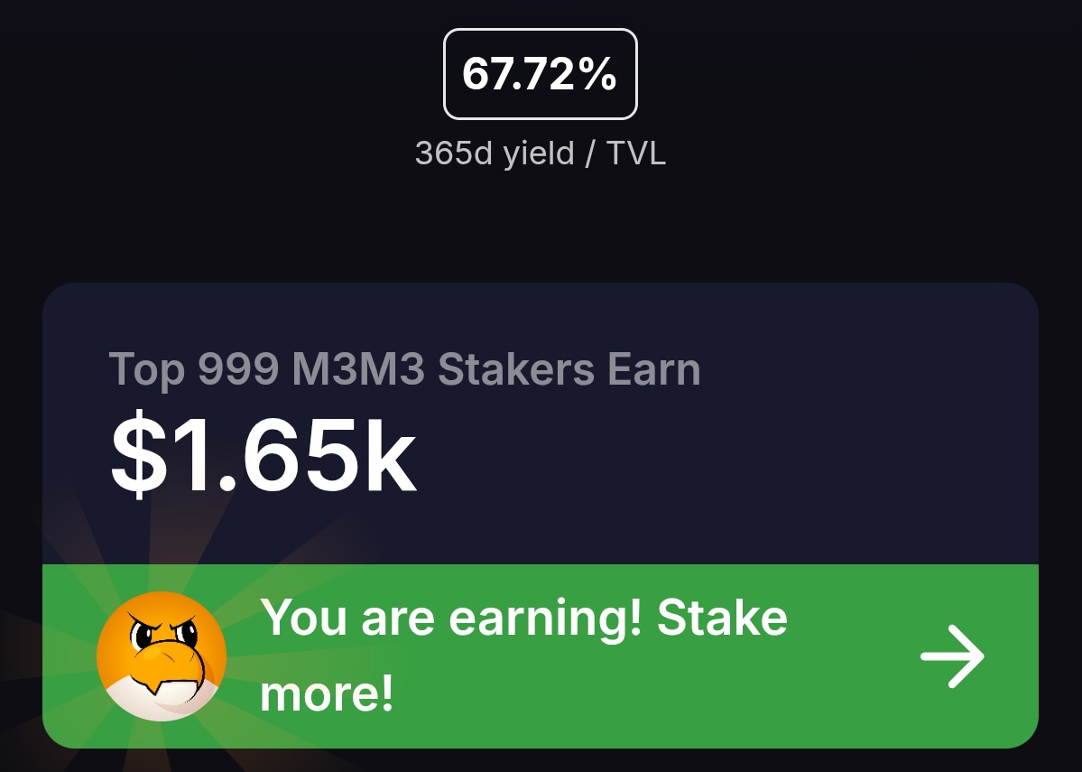 MummyNinj's tweet image. Ok let&apos;s stake more #m3m3. My $70 is now worth $110 but I&apos;m staking it. Now I&apos;m rank 337. Haha!

365d yield is 67.72%. better than banks. Hahaha!