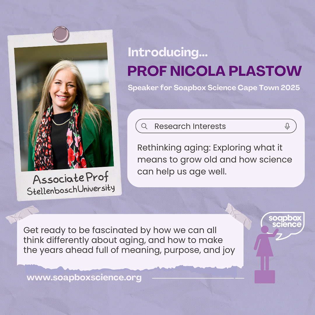 SoapboxSciCT's tweet image. ✨ Speaker Spotlight ✨

Meet Prof Nicola Plastow, Associate Prof (SU) 👩‍🏫  Her research is about rethinking aging: Exploring the science of healthy ageing &amp;amp; how to live well in later years 🌟

Come hear about her research at #SoapboxScience 🎤
🗓️ 15 Nov 
📍V&amp;amp;A Waterfront