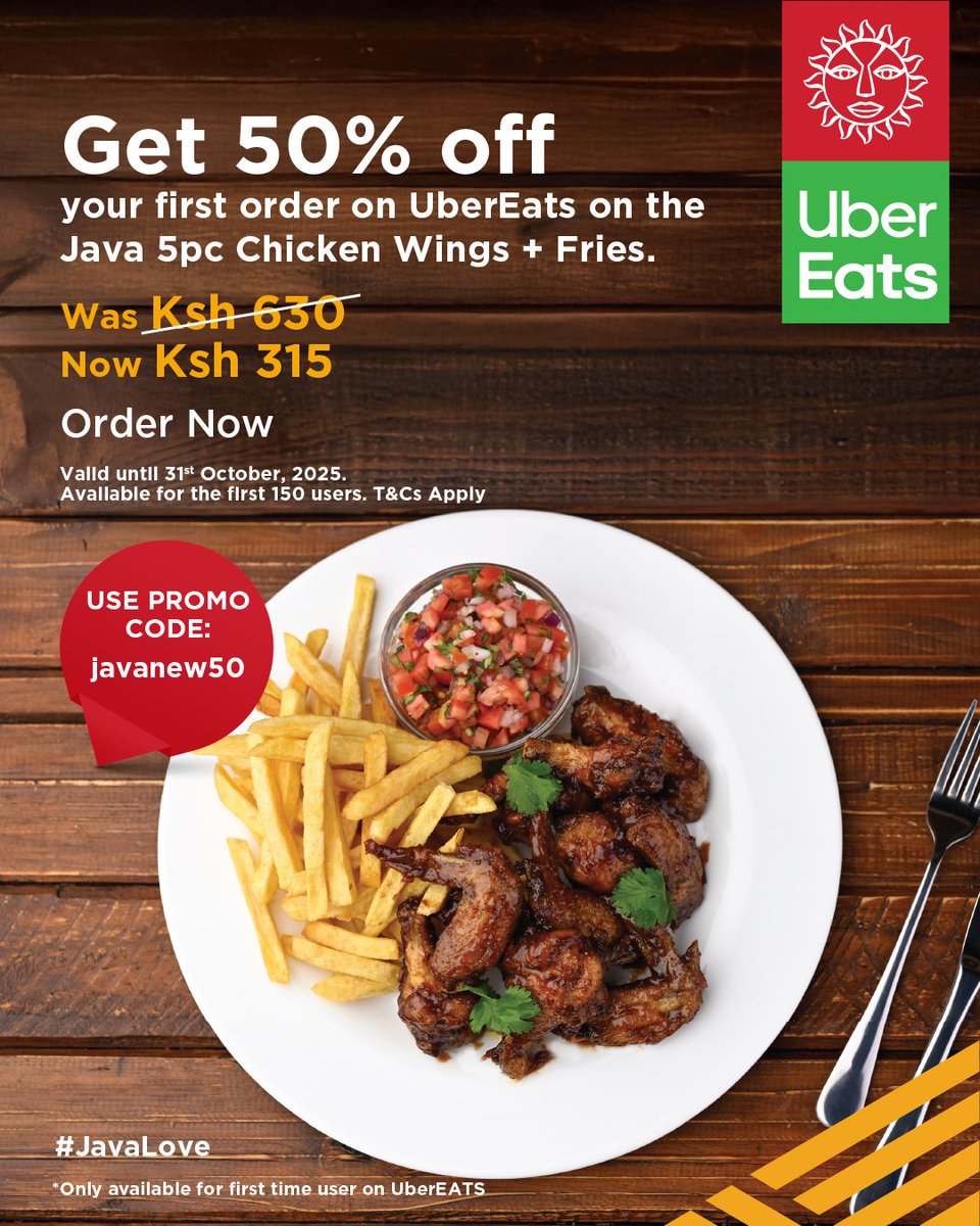 javahouseafrica's tweet image. First time on UberEats? Your Java 5pc Chicken Wings + Fries come at half the price! Now that’s what we call delicious math! 😋 Use code javanew50 to enjoy 50% off. Tap the link in bio to order.
Offer valid till 31st October | T&Cs apply. #JavaLove