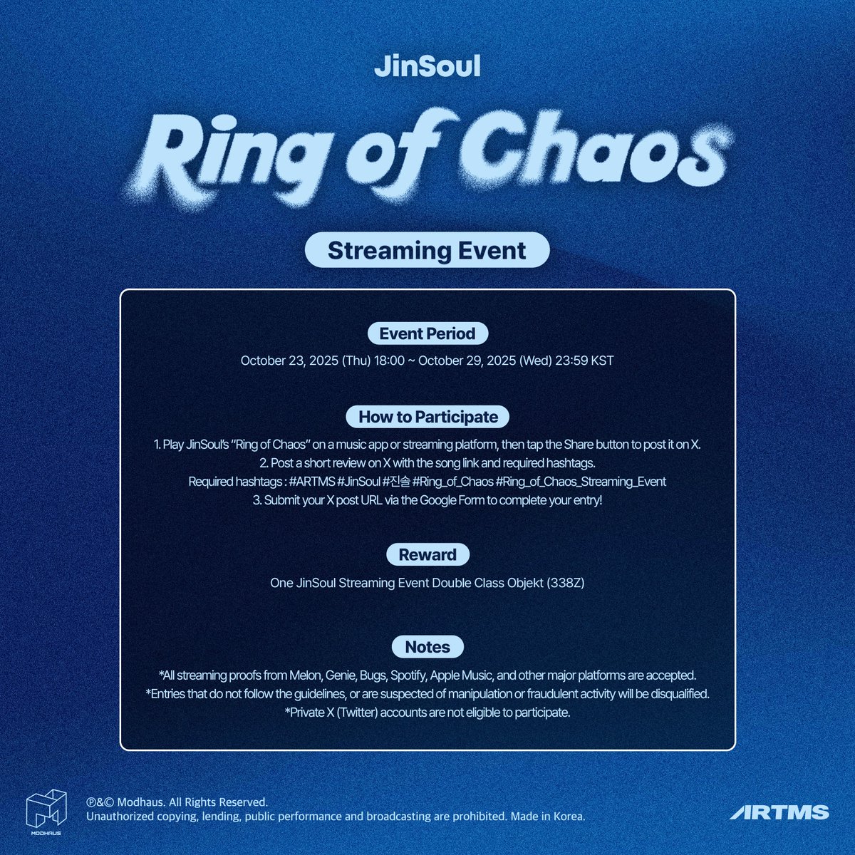 official_artms's tweet image. JinSoul &amp;lt;Ring of Chaos&amp;gt;
발매 기념 음원 스트리밍 이벤트 안내

🔉 자세한 내용은 이미지를 확인해 주세요!
📅 2025년 10월 23일 (목) 18:00 ~ 2025년 10월 29일 (수) 23:59 KST
🔗 forms.gle/cP1hiArTyaBQbU…

#ARTMS #아르테미스 #OURII
#JinSoul #진솔
#Ring_of_Chaos